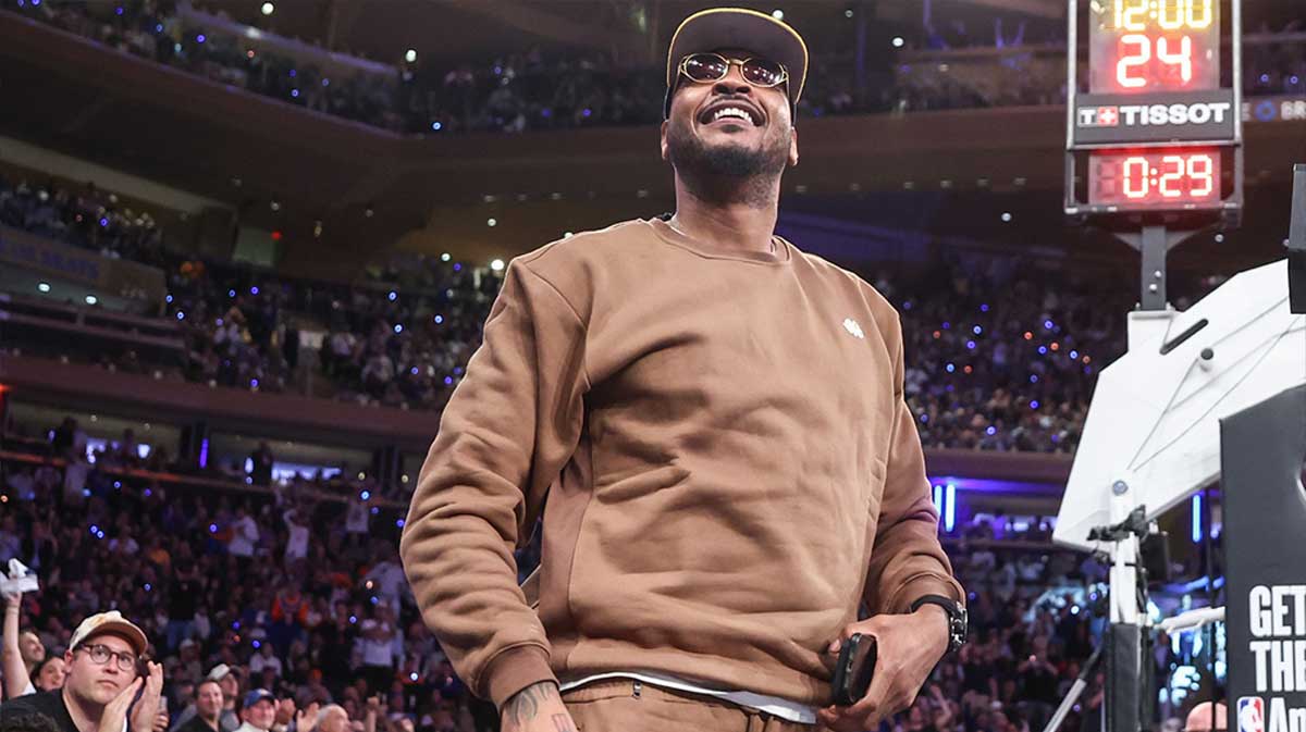 Former NBA forward Carmelo Anthony waves to the crowd during game five of first round for the 2025 NBA Playoffs between the against the Detroit Pistons and the New York Knicks at Madison Square Garden.