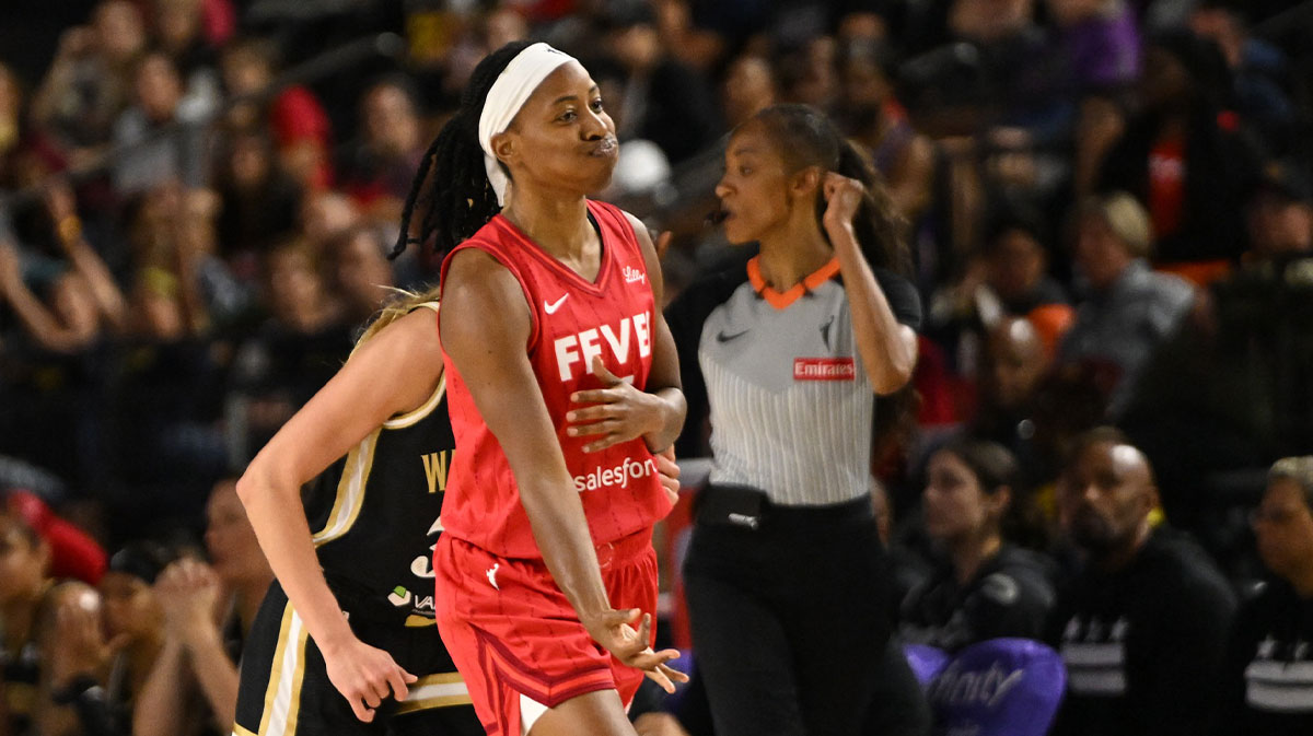 ; Indiana Fever guard Shey Peddy (5) celebrates after a play against the Washington Mystics during the fourth quarter at CFG Bank Arena.