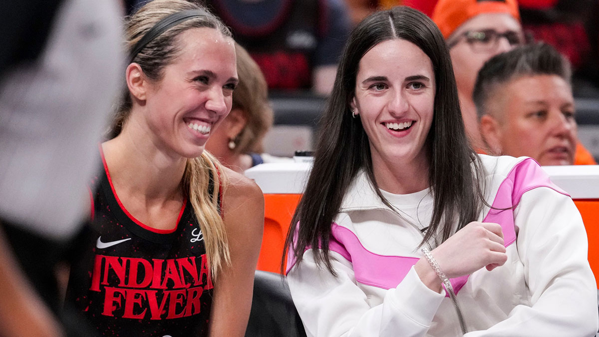 Indiana Fever guard Lexie Hull (10) and Indiana Fever guard Caitlin Clark (22) laugh from the bench Tuesday, Sept. 9, 2025, during a game between the Indiana Fever and the Minnesota Lynx at Gainbridge Fieldhouse in Indianapolis. The Indiana Fever defeated the Minnesota Lynx, 83-72.