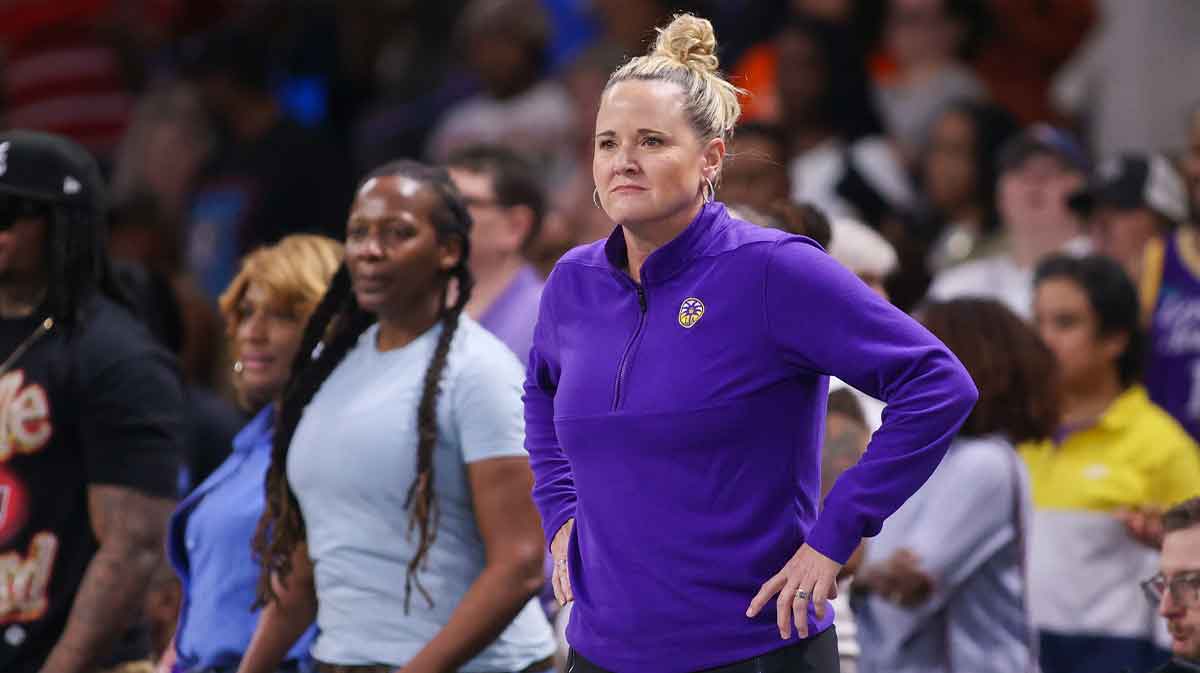 A; Los Angeles Sparks head coach Lynne Roberts on the sideline against the Atlanta Dream in the first quarter at Gateway Center Arena at College Park.