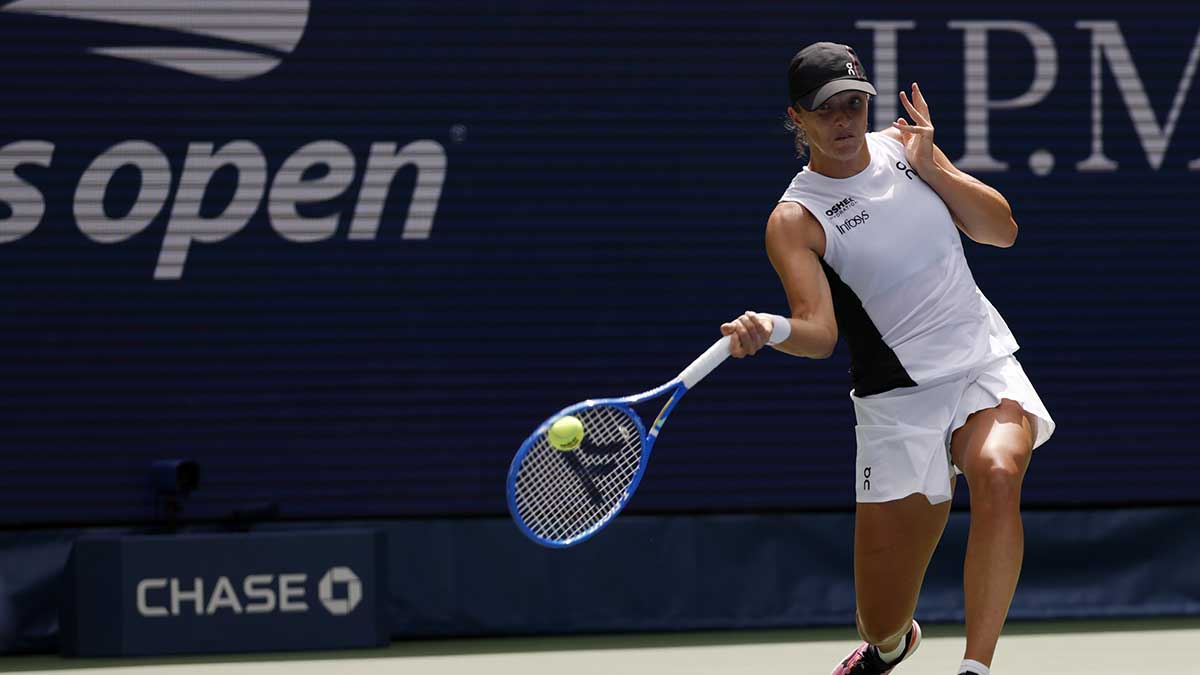 Iga Swiatek (POL) hits a forehand against Ekaterina Alexandrova (not pictured) on day nine of the 2025 US Open tennis championships at Billie Jean King National Tennis Center.