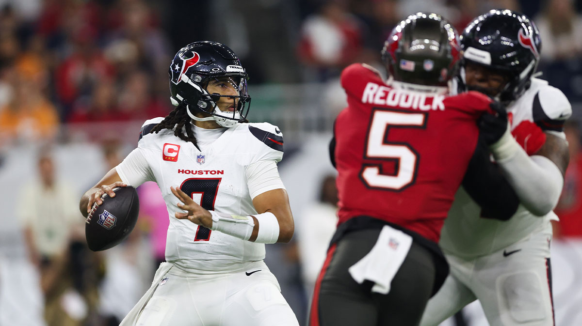 Houston Texans quarterback C.J. Stroud (7) drops back to pass during the third quarter against the Tampa Bay Buccaneers at NRG Stadium.