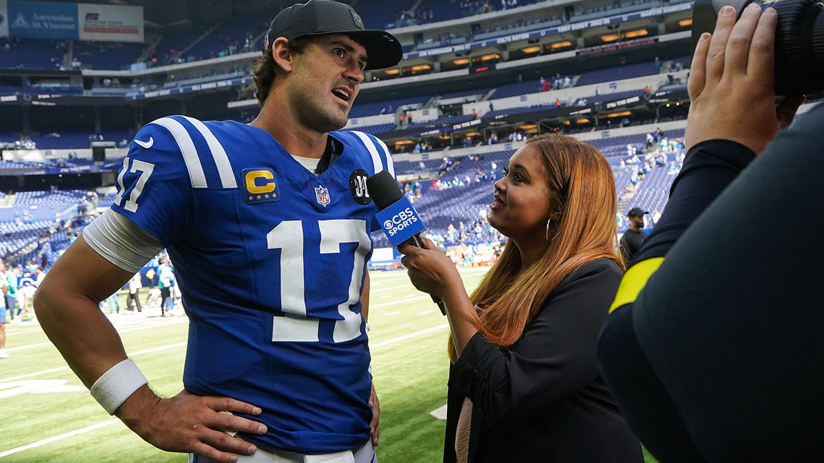 Indianapolis Colts quarterback Daniel Jones (17) is interviewed after the game Sunday, Sept. 7, 2025, during the game at Lucas Oil Stadium in Indianapolis. The Indianapolis Colts defeated the Miami Dolphins, 33-8.