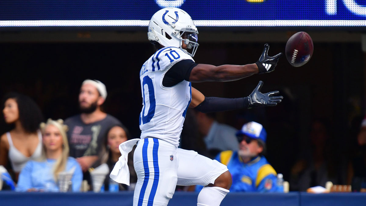 Indianapolis Colts wide receiver Adonai Mitchell (10) drops the ball short of the goal line during the second half at SoFi Stadium.