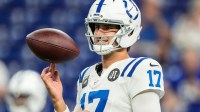 Indianapolis Colts quarterback Daniel Jones (17) spins the ball on his fingers Sunday, Sept. 14, 2025, ahead of the game against the Denver Broncos at Lucas Oil Stadium in Indianapolis.