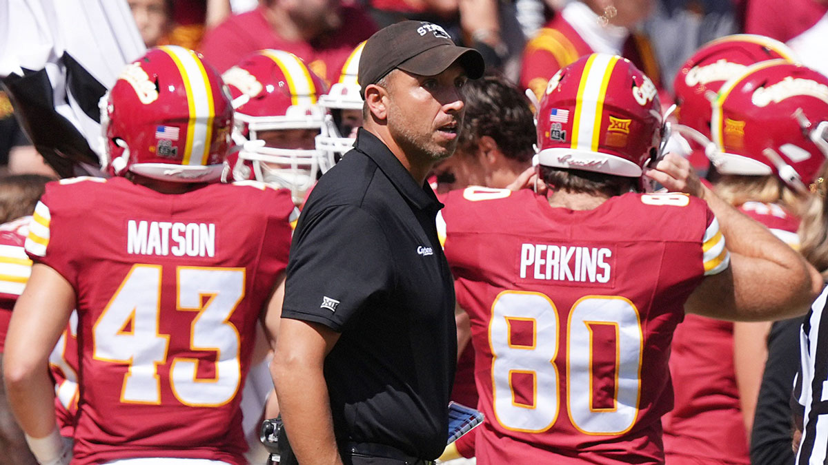 Iowa State head coach Matt Campbell reacts after a call during the second quarter against Iowa in the Cy-Hawk Series at Jack Trice Stadium in Ames, Iowa.