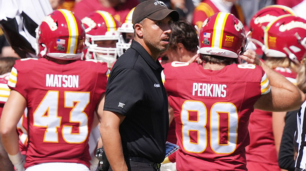 Iowa State head coach Matt Campbell reacts after a call during the second quarter against Iowa in the Cy-Hawk Series at Jack Trice Stadium on Sept. 6, 2025, in Ames, Iowa