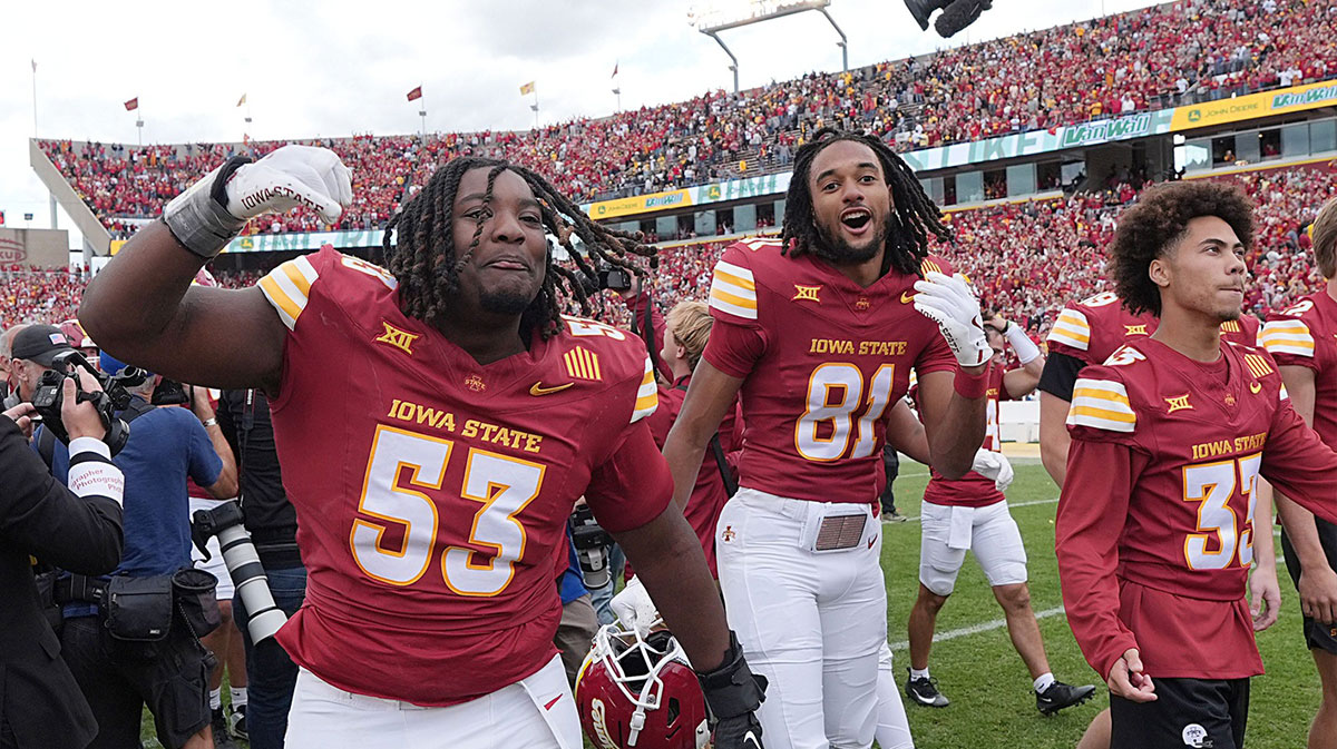 Iowa State football team celebrates after winning 16-13 over Iowa in the Cy-Hawk football at Jack Trice Stadium on Sept. 6, 2025, in Ames, Iowa