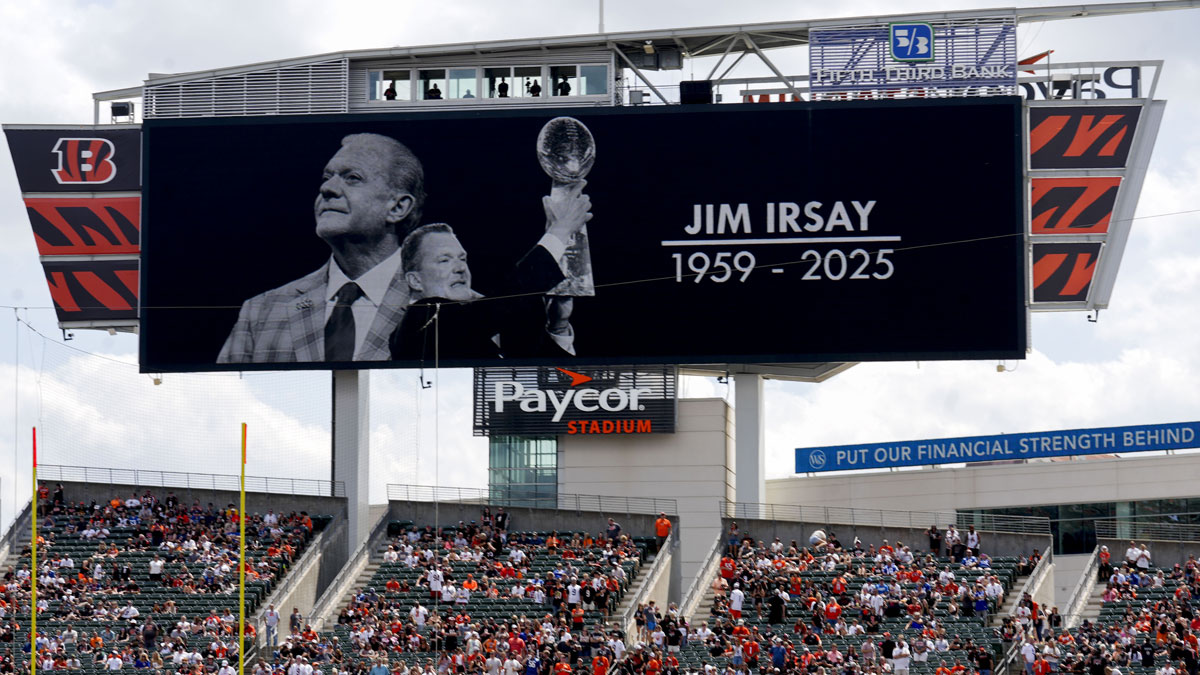 A tribute to the late Indianapolis Colts owner Jim Irsay is shown on the screen prior to game between the Indianapolis Colts and the Cincinnati Bengals at Paycor Stadium.