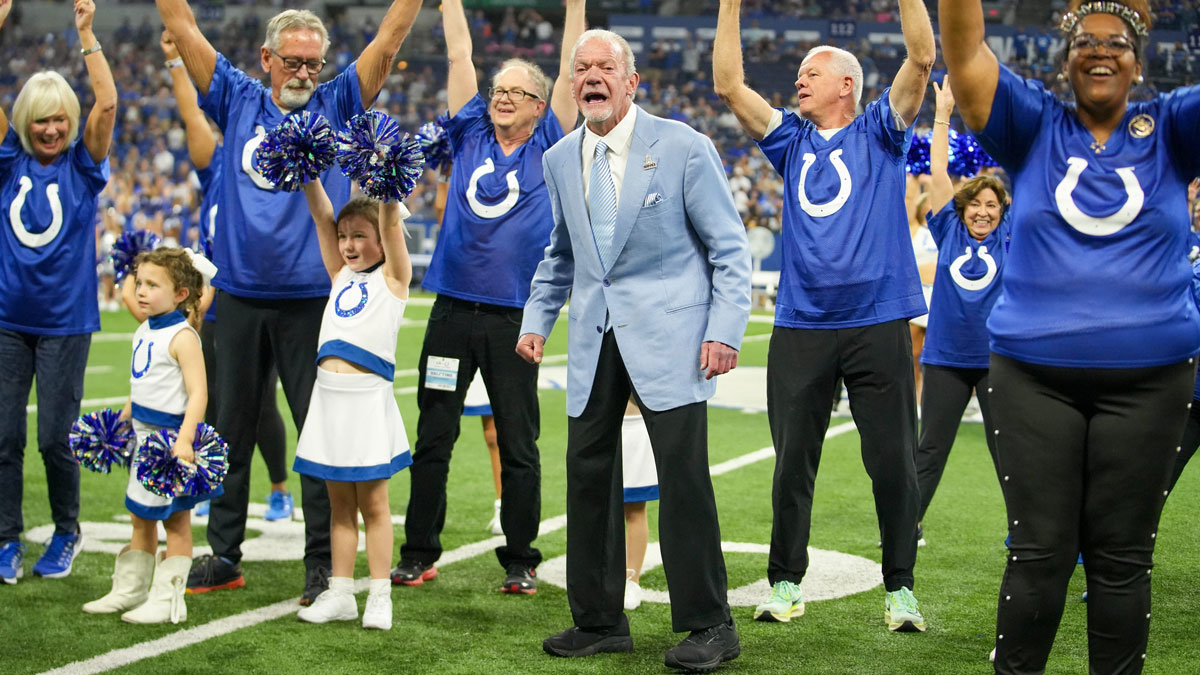 Jim Irsay, Colts owner, participates in a special grandparents event on a halftime performance by Colts Junior Cheer, during a break in action against the Los Angeles Rams at Indianapolis Colts, on Sunday, Oct. 1, 2023, at Lucas Oil Stadium in Indianapolis.