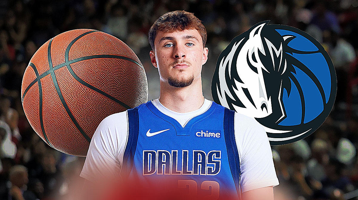 Mavericks Cooper Flagg looking serious. Place a basketball on the left and the Dallas Mavericks logo on the right.