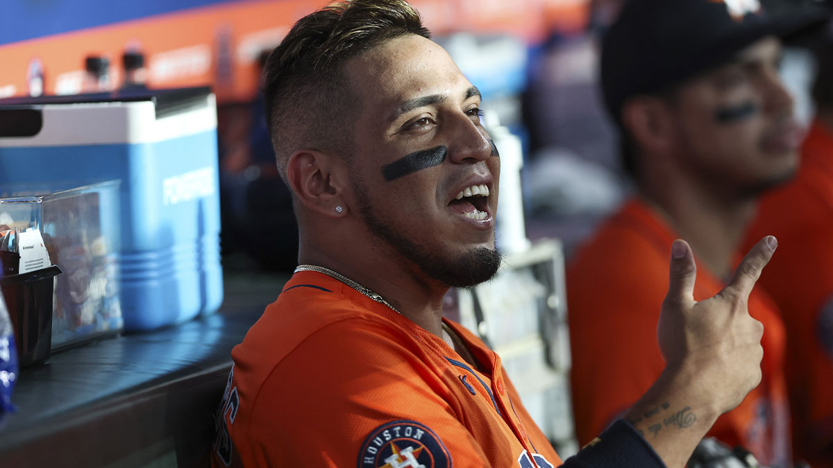 Houston Astros third baseman Isaac Paredes (15) sits in the dugout before the game against the Texas Rangers at Daikin Park.