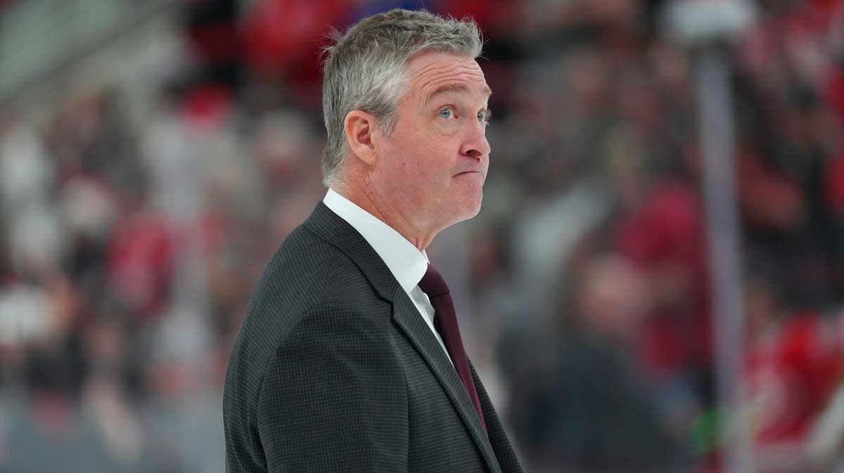 New York Islanders head coach Patrick Roy looks on after the game against the Carolina Hurricanes at Lenovo Center.