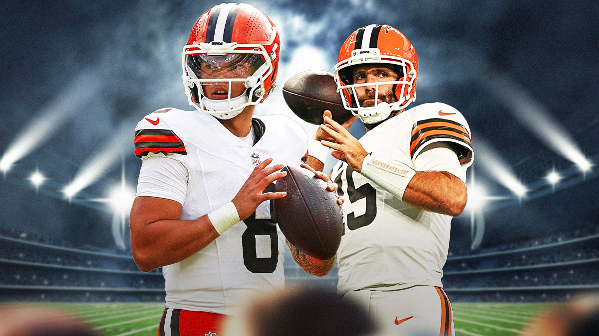Dillon Gabriel and Joe Flacco beside each other, Dark clouds in the background