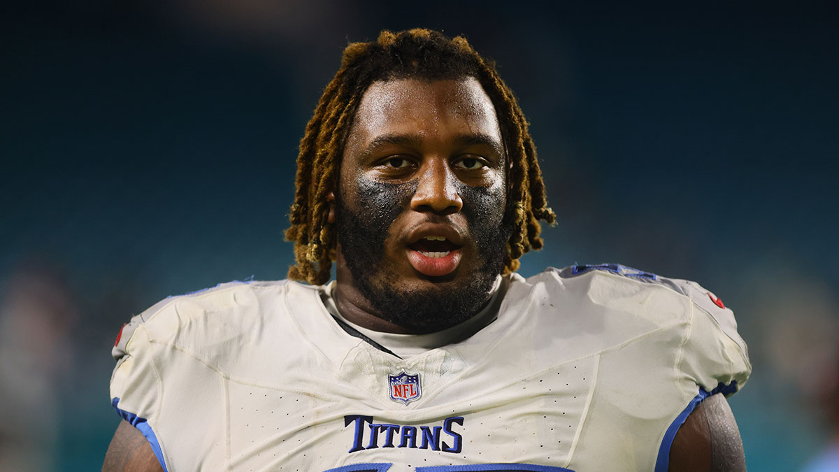 Tennessee Titans offensive tackle JC Latham (55) looks on after the game against the Miami Dolphins at Hard Rock Stadium.
