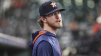 Houston Astros relief pitcher Josh Hader looks on from the dugout before the game against the New York Yankees at Daikin Park.