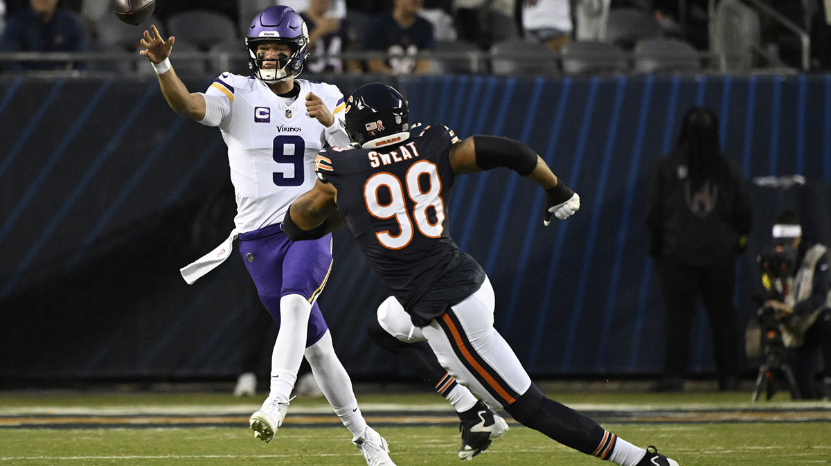 Sep 8, 2025; Chicago, Illinois, USA; Minnesota Vikings quarterback J.J. McCarthy (9) drops back to pass against the Chicago Bears during the first half at Soldier Field.