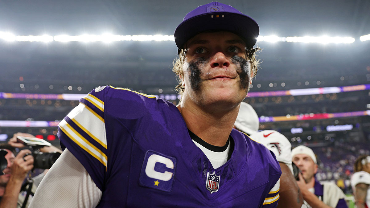 Minnesota Vikings quarterback J.J. McCarthy (9) reacts after the game against the Atlanta Falcons at U.S. Bank Stadium.