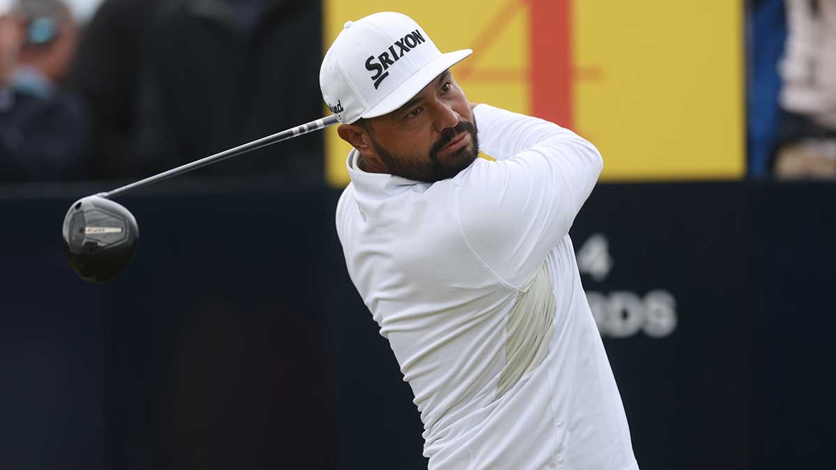 JJ Spaun hits a shot on the 4th hole during the first round of The 153rd Open Championship golf tournament at Royal Portrush.