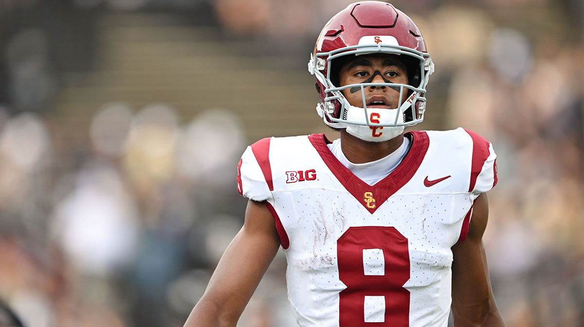 Southern California Trojans wide receiver Ja'Kobi Lane (8) warms up on the field before the game against the Purdue Boilermakers at Ross-Ade Stadium.