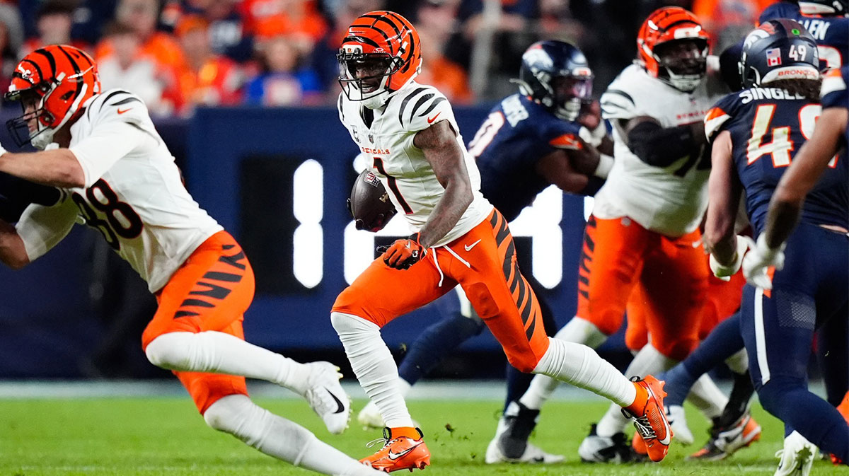 Cincinnati Bengals wide receiver Ja'Marr Chase (1) rushes during the second quarter against the Denver Broncos at Empower Field at Mile High.