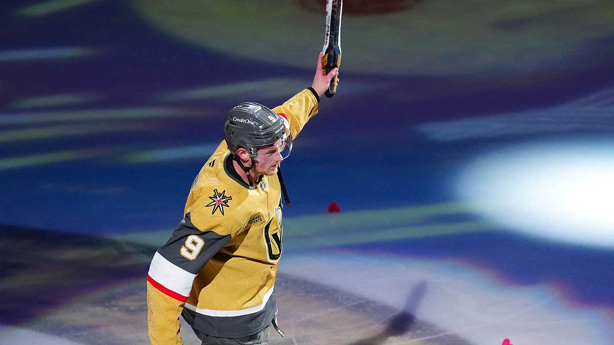 Vegas Golden Knights center Jack Eichel (9) is named Second Star of the Game after the Golden Knights defeated the Minnesota Wild 3-2 in an overtime period of game five of the first round of the 2025 Stanley Cup Playoffs at T-Mobile Arena.