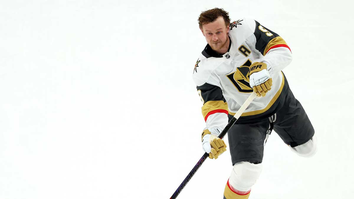 Vegas Golden Knights center Jack Eichel (9) warms up against the Pittsburgh Penguins at PPG Paints Arena.