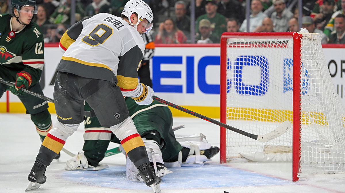 Vegas Golden Knights forward Jack Eichel (9) eyes a loose puck in front of the empty net of Minnesota Wild goalie Filip Gustavsson (32) during the third period in game six of the first round of the 2025 Stanley Cup Playoffs at Xcel Energy Center.