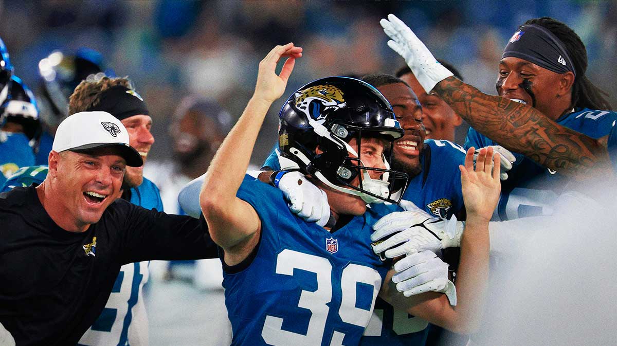 Jacksonville Jaguars place kicker Cam Little (39) is congratulated by his team for a 70-yard field goal during the second quarter of an NFL preseason matchup at EverBank Stadium, Saturday, Aug. 9, 2025 in Jacksonville, Fla.