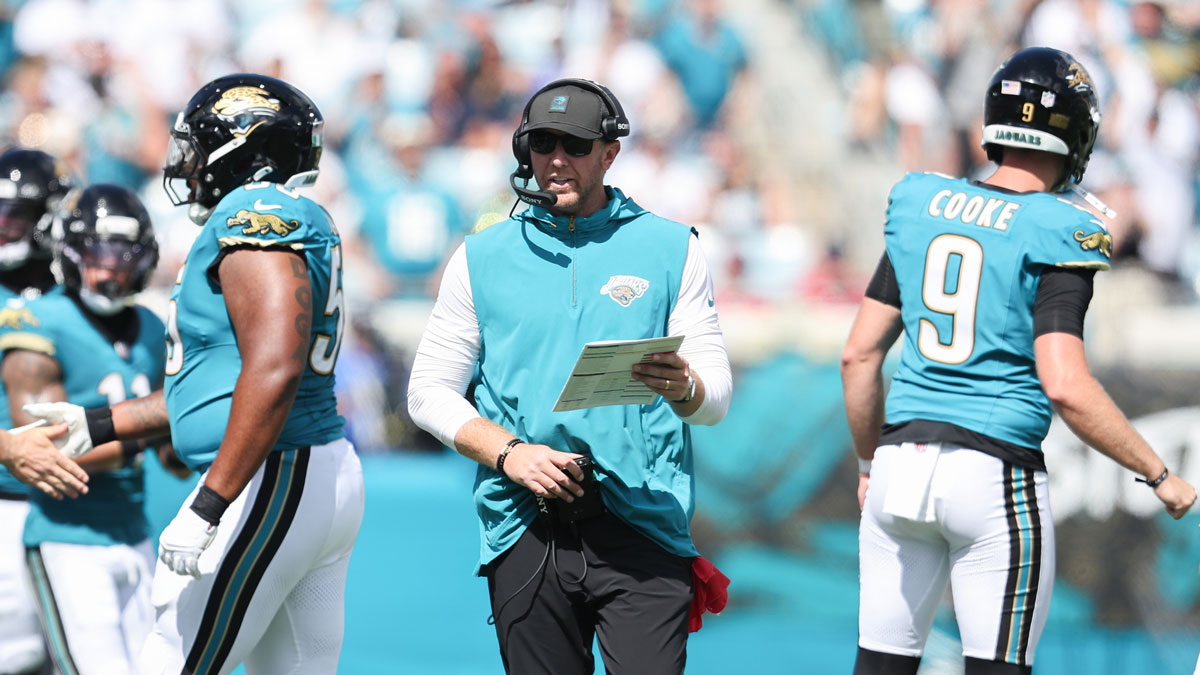 Jacksonville Jaguars head coach Liam Coen directs in between plays during the third quarter against the Houston Texans at EverBank Stadium.