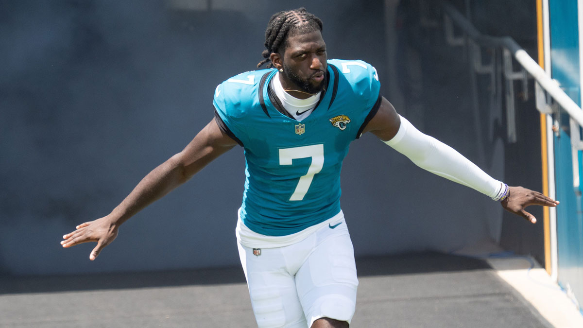 Jacksonville Jaguars wide receiver Brian Thomas Jr. (7) comes out of the tunnel before the start of an NFL football game between the Carolina Panthers at Jacksonville Jaguars at EverBank Stadium