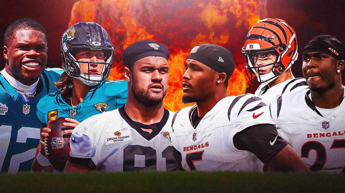 Trevor Lawrence, Travis Hunter, Arik Armstead on one side, Joe Burrow, Tee Higgins, Jordan Battle on the other side, Explosions in the background