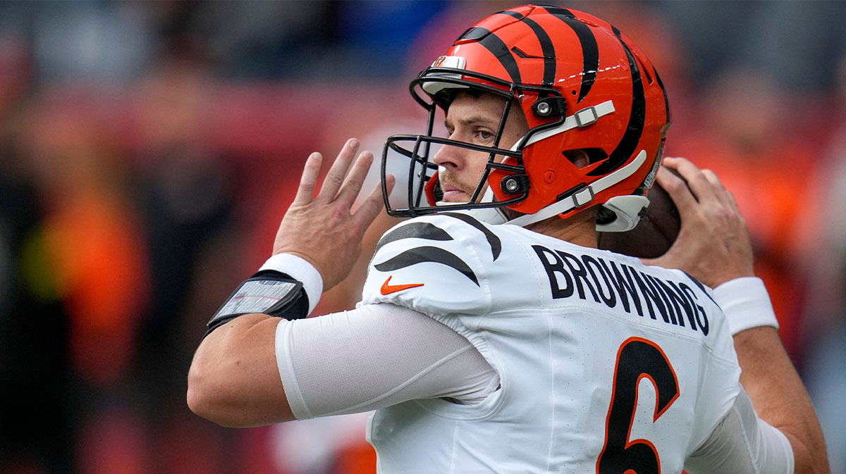 Cincinnati Bengals quarterback Jake Browning (6) warms up before the first quarter of the NFL Week 4 Monday Night Football game between the Denver Broncos and the Cincinnati Bengals at Empower Field at Mile High in Denver on Monday, Sept. 29, 2025.