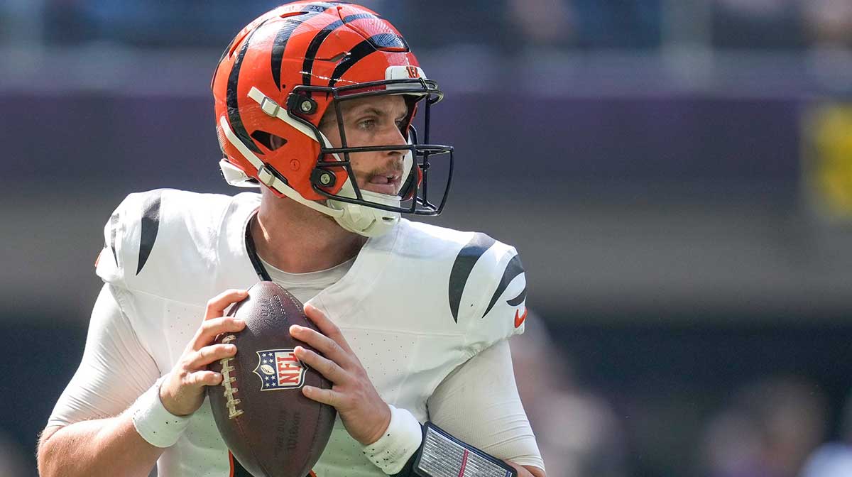 Cincinnati Bengals quarterback Jake Browning (6) drops back to throw in the second quarter of the NFL Week 3 game between the Minnesota Vikings and the Cincinnati Bengals at U.S. Bank Stadium in Minneapolis