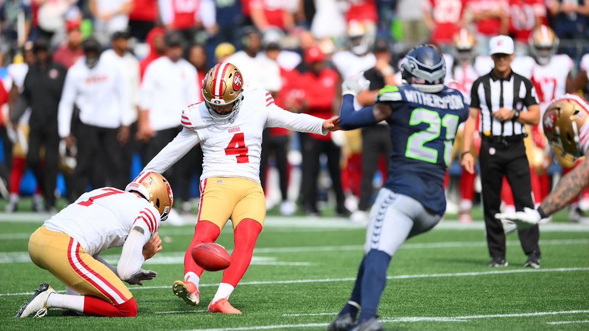San Francisco 49ers quarterback Kurtis Rourke (4)***San Francisco 49ers place kicker Jake Moody (4) makes a kick during the first half against Seattle Seahawks at Lumen Field. 