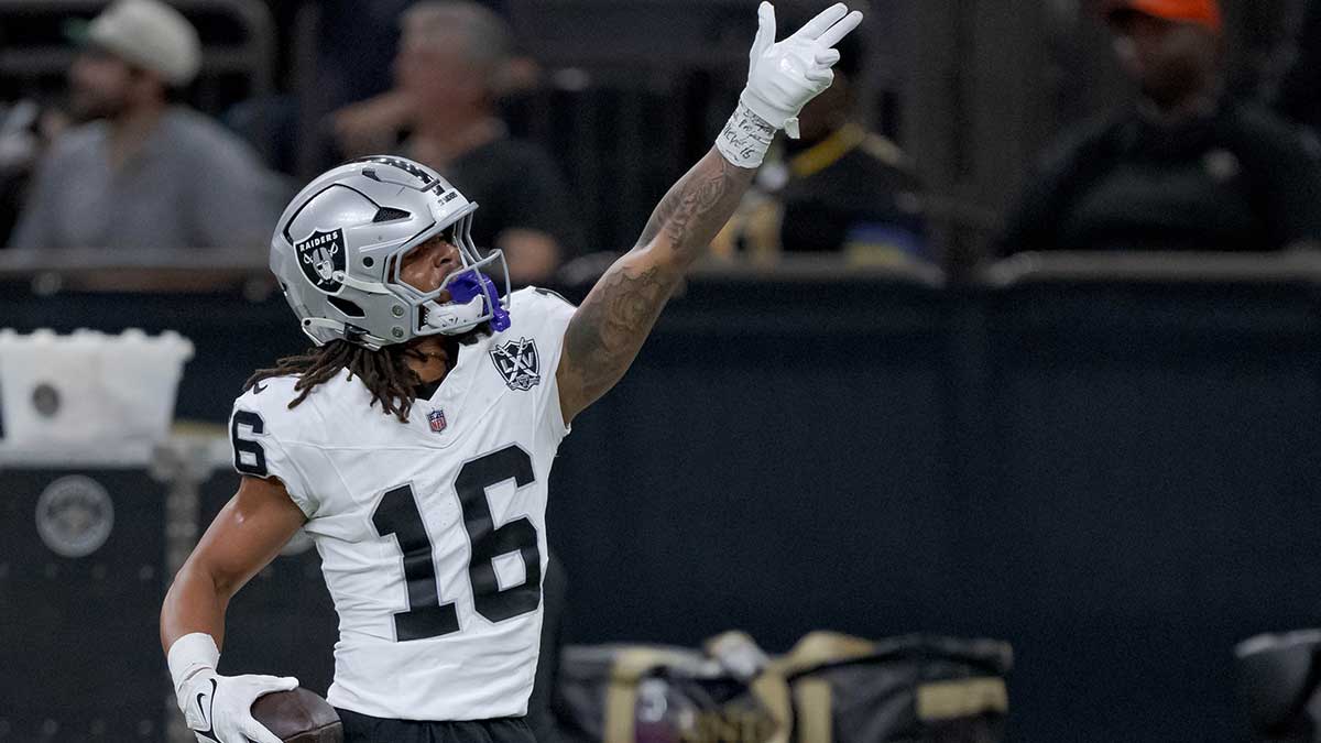 Las Vegas Raiders wide receiver Jakobi Meyers (16) signals a first down against the New Orleans Saints at Caesars Superdome.