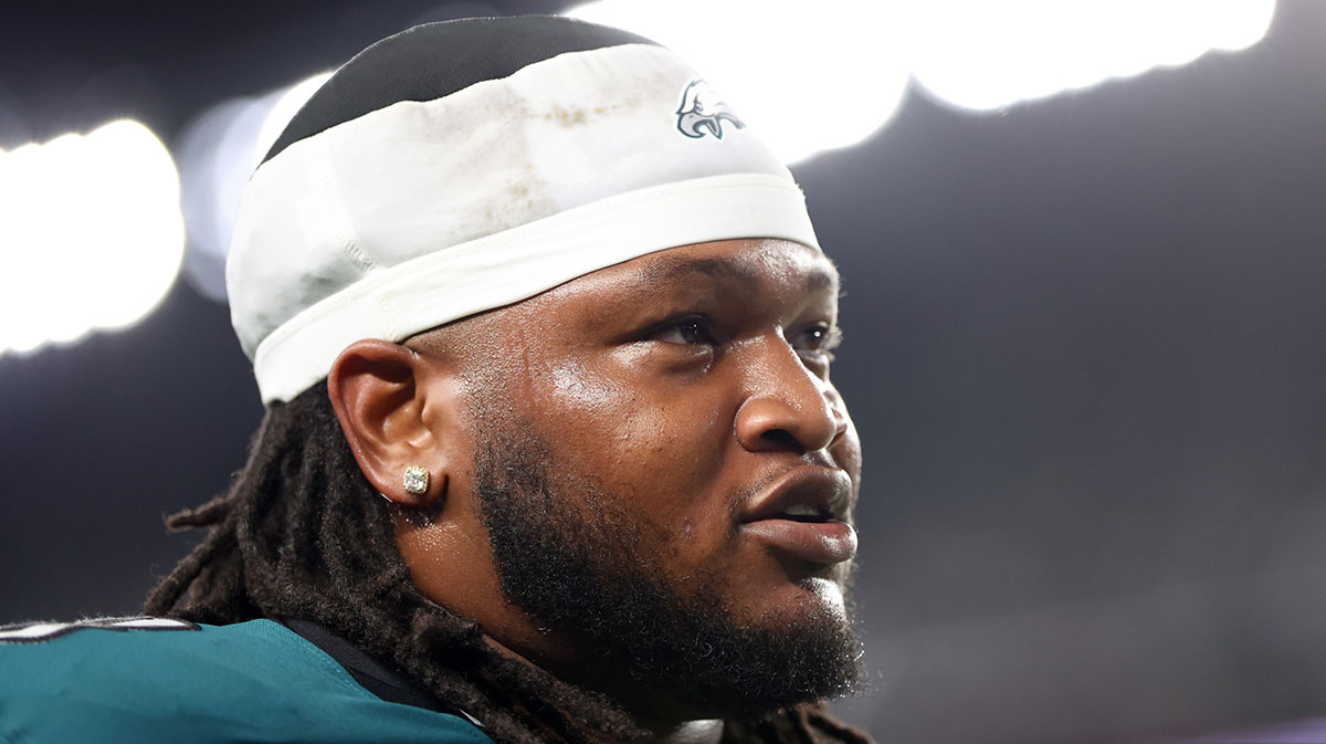 Philadelphia Eagles defensive tackle Jalen Carter (98) walks off the field after being ejected during the first quarter of the game against the Dallas Cowboys at Lincoln Financial Field.