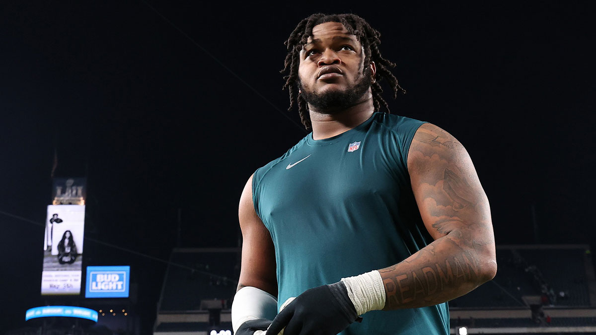 Philadelphia Eagles defensive tackle Jalen Carter (98) reacts after the game against the Green Bay Packers in an NFC wild card game at Lincoln Financial Field.