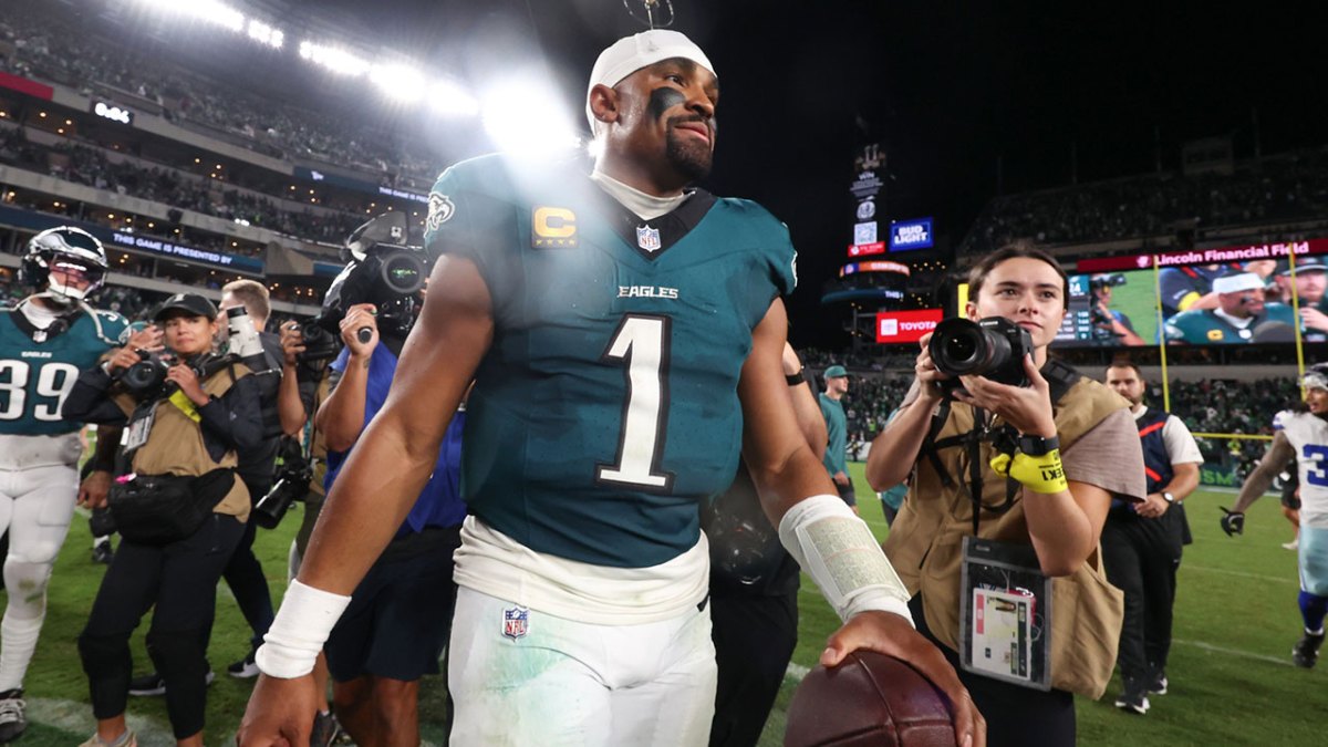 Philadelphia Eagles quarterback Jalen Hurts (1) looks on after the game against the Dallas Cowboys at Lincoln Financial Field.
