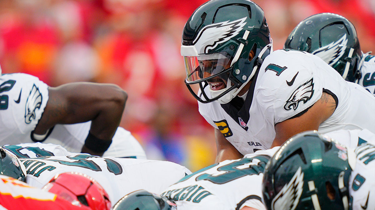 Philadelphia Eagles quarterback Jalen Hurts (1) calls a play at the line of scrimmage against the Kansas City Chiefs during the fourth quarter of the game at GEHA Field at Arrowhead Stadium.