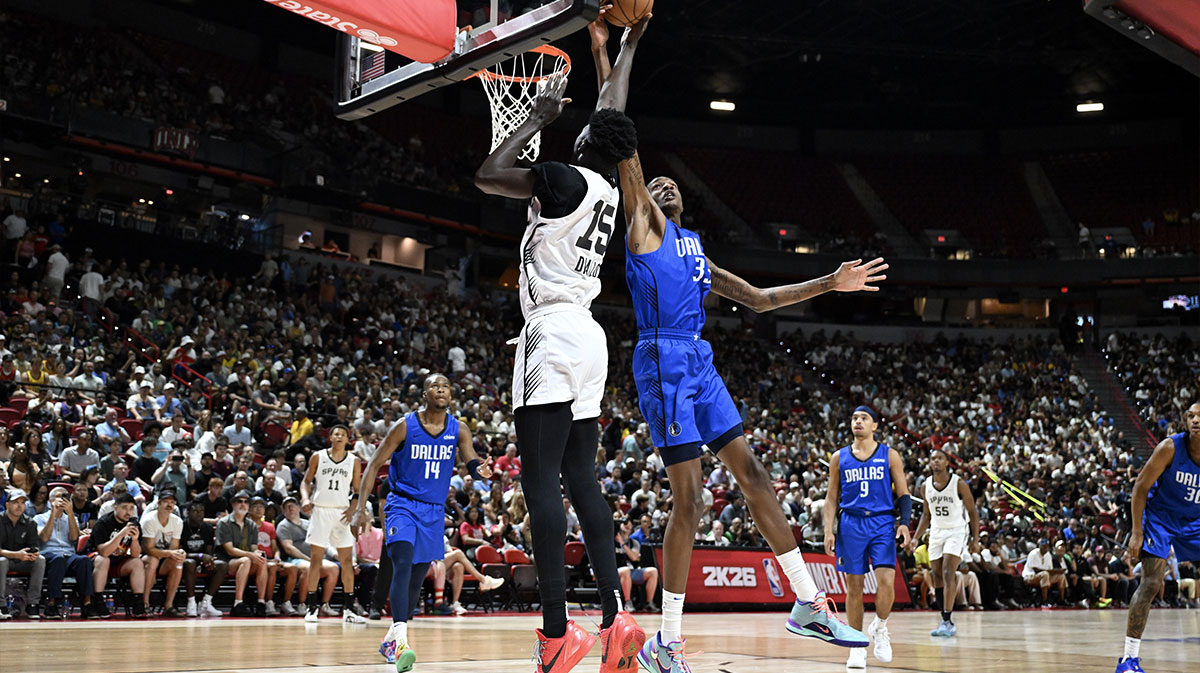 Dallas Mavericks center Jamarion Sharp (33) blocks a shot from San Antonio Spurs forward Ibrahima Diallo (15) in the first quarter of their game at Thomas & Mack Center.