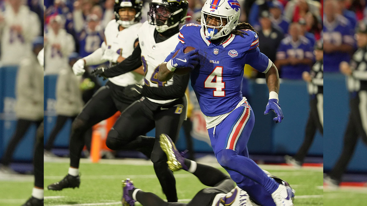 Buffalo Bills running back James Cook carries the ball almost into the end zone on this plus 10-yard carry during the second half of their game against the Baltimore Ravens