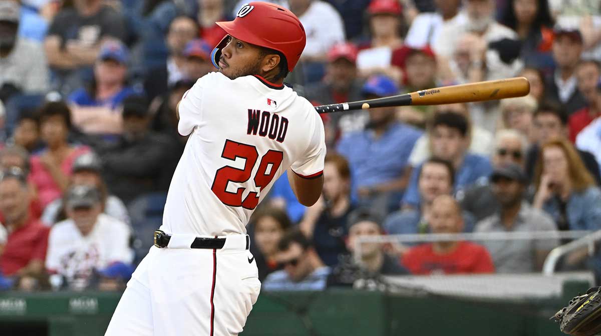 Aug 21, 2025; Washington, District of Columbia, USA; Washington Nationals designated hits a three run home run against the New York Mets during the eighth inning James Wood (29) hit at Nationals Park.