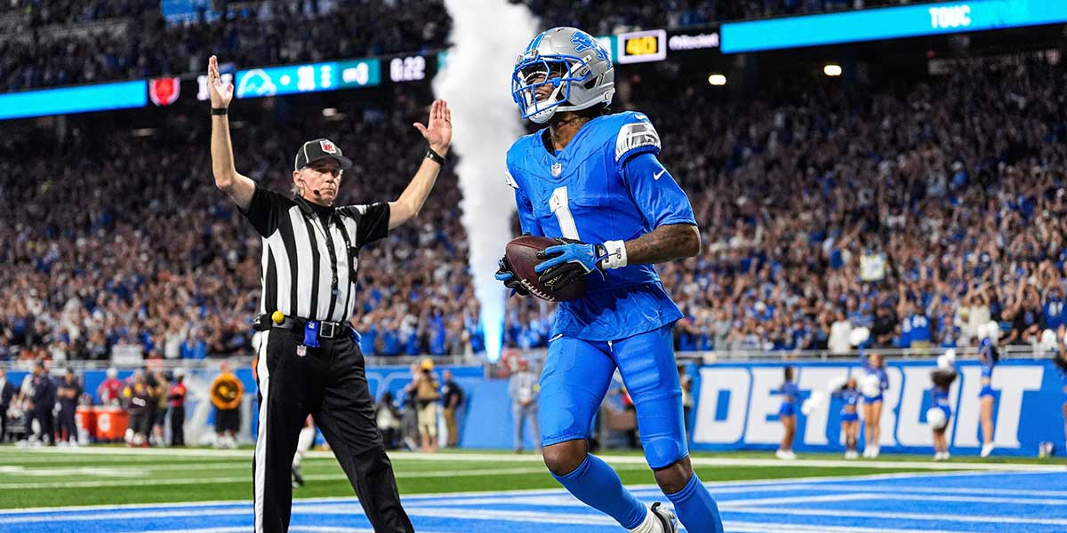 Detroit Lions wide receiver Jameson Williams (1) celebrates a touchdown against Chicago Bears during the second half at Ford Field in Detroit on Sunday, Sept. 14, 2025