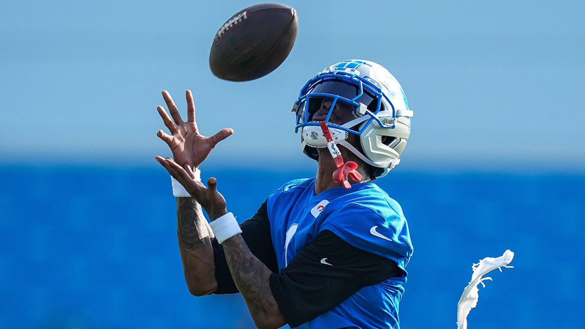 Detroit Lions wide receiver Jameson Williams (1) practices during training camp at Meijer Performance Center in Allen Park on Thursday, July 24, 2025.