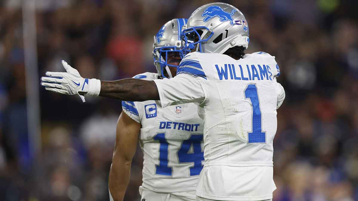 Detroit Lions wide receiver Jameson Williams (1) reacts after a play against the Baltimore Ravens during the first half at M&T Bank Stadium.