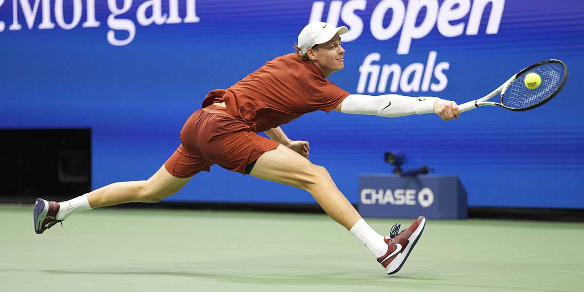 Jannik Sinner (ITA) in action against Carlos Alcaraz (ESP) (not pictured) during the final of mens singles at Billie Jean King National Tennis Center.