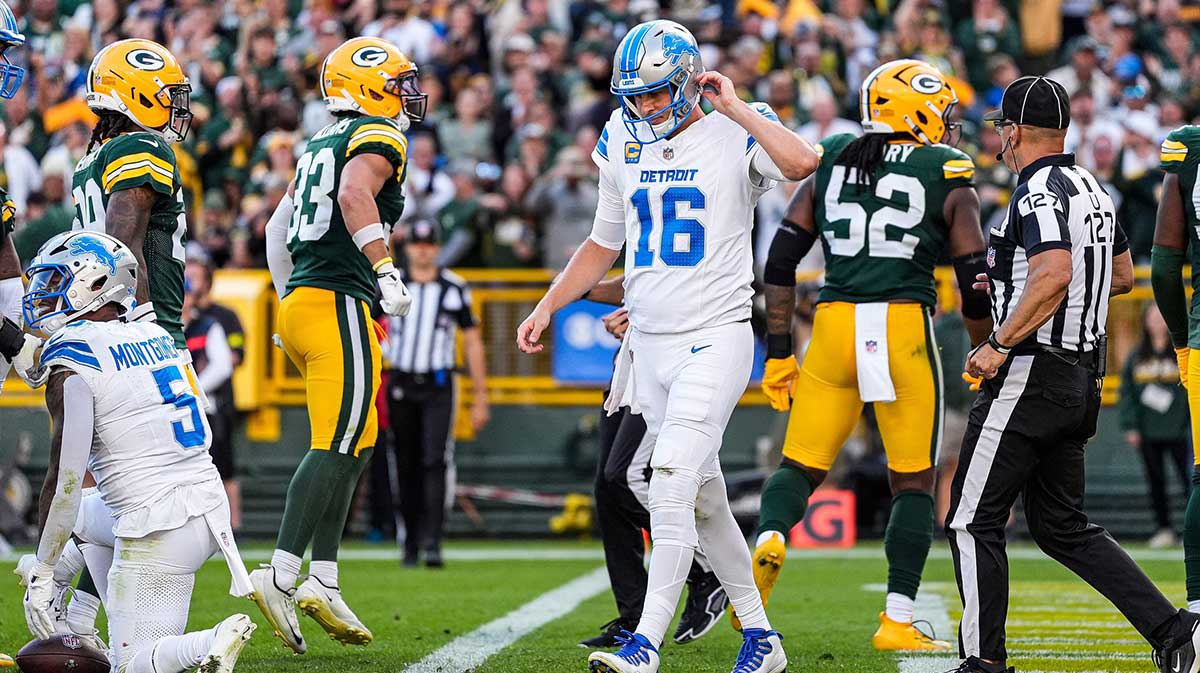 Detroit Lions quarterback Jared Goff walks off the field after a failed third-down conversion against the Green Bay Packers during the second half at Lambeau Field in Green Bay, Wis., on Sunday, September 7, 2025.
