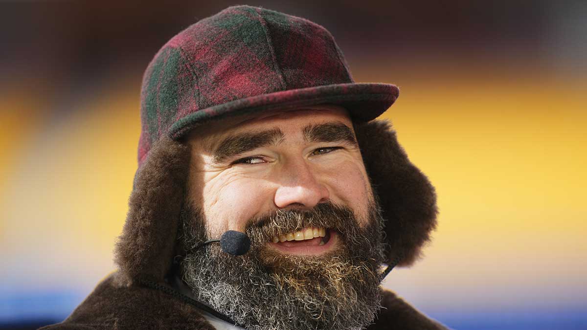 Philadelphia Eagles former player and ESPN commentator Jason Kelce reacts before in a 2025 AFC divisional round game between the Kansas City Chiefs and the Houston Texans at GEHA Field at Arrowhead Stadium.