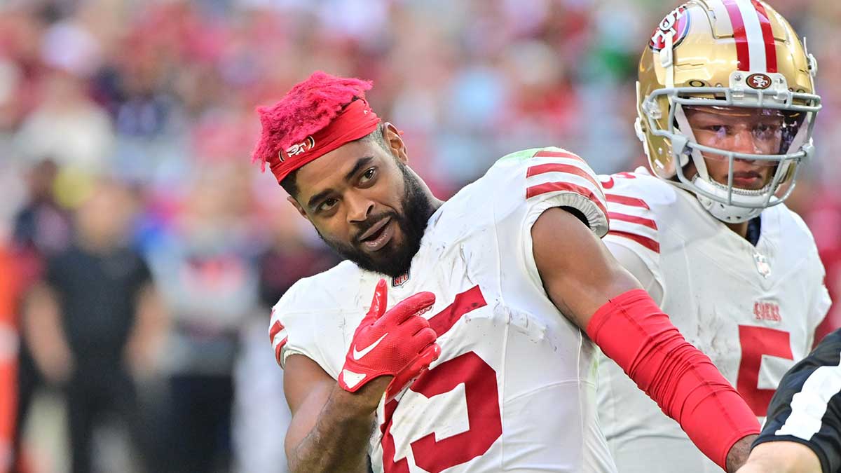 San Francisco 49ers wide receiver Jauan Jennings (15) reacts in the first half prior to being ejected from the game against the Arizona Cardinals